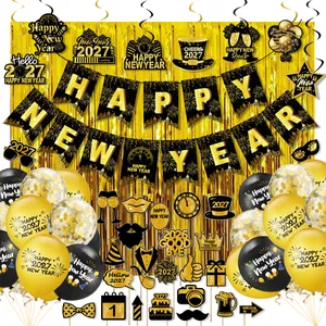 2027 Happy New Year Party Decoration Balloon Banner Foil Curtain Photo Props For Countdown Celebration Black Gold Theme