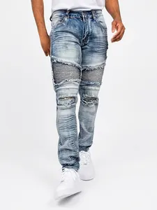Men Biker Jeans Cotton Polyester Spandex Slim Fit Washed Ripped Distressed Pleated Knee Denim Pants Fashion Streetwear Light Blue