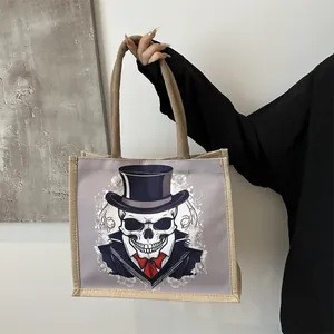 Gothic Skull Print Canvas Tote Bag Large Capacity Jute Shoulder Bag Vintage Top Hat Skull Graphic Handbag For Women Daily Commute