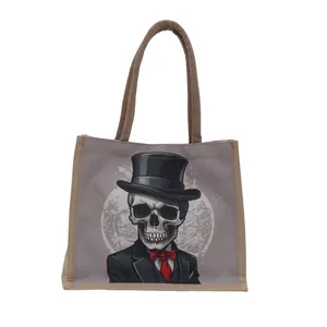 Large skull canvas tote bag with black top hat and red tie print for women fashion
