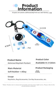 Detailed view of cute cartoon astronaut keychain with PVC strap and dimensions
