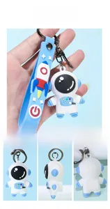 Detail views showing the front, side, and back of the cartoon astronaut keychain.