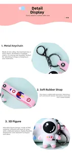 Detailed views of astronaut keychain showing metal ring, strap, and 3D figure