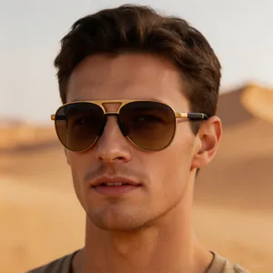 Detailed view of men's vintage aviator sunglasses with gold double bridge metal frame