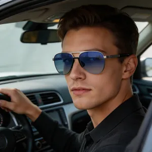 Detailed view of men's retro aviator sunglasses with blue gradient lenses worn while driving.