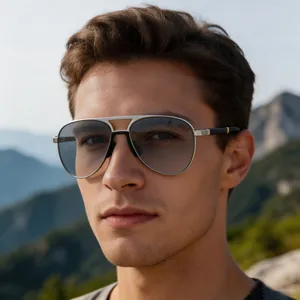 Close-up of vintage double-bridge metal aviator sunglasses on a male model