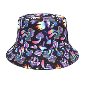 Outdoor casual sun bucket hat with colorful psychedelic mushroom and eye print design