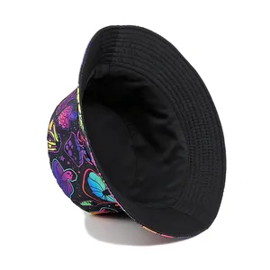 Reversible outdoor bucket hat featuring colorful neon mushroom print and black interior