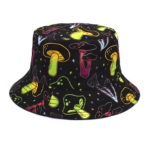 Detailed close-up view of the vibrant neon mushroom pattern on a black bucket hat