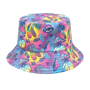 Detailed view of the vibrant mushroom pattern on this psychedelic colorful bucket hat