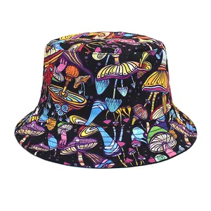 Macro view of vibrant cartoon mushroom print on a casual black bucket sun hat