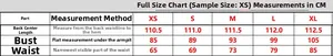 Detailed size chart for satin slip dress with measurements for XS to XL sizes