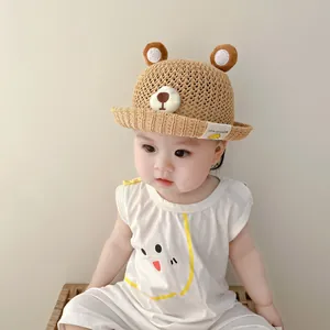 Cute breathable baby straw sun hat with bear ears for summer outdoor beach protection