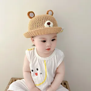 Cute breathable baby straw bucket hat with bear ears for summer outdoor sun protection