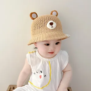 Breathable baby straw sun hat with cute bear ears for summer beach protection