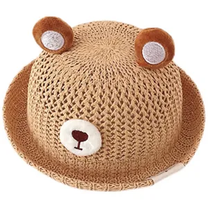 Adorable breathable straw sun hat for infants featuring cute plush bear ears and face