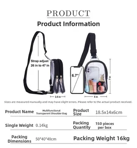 Macro view of clear PVC crossbody bag showing internal compartments for phone and cosmetics