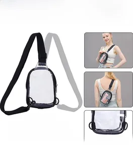 Detail view of transparent PVC crossbody bag showing adjustable shoulder strap hooks