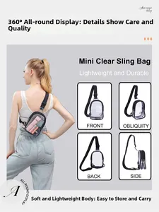 Detailed views of mini clear PVC sling bag showing 360-degree angles and outdoor usage