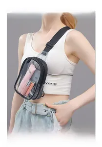 Detail view of clear PVC crossbody bag with black zipper and adjustable nylon strap