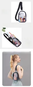 Detailed interior storage showing a phone and cosmetics inside a transparent PVC crossbody bag