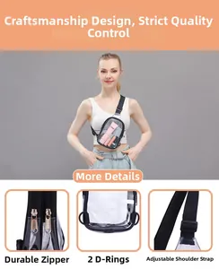 Clear PVC crossbody bag detail showing adjustable strap, sturdy zipper and D-ring hooks