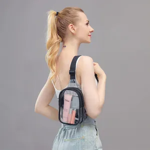 Detailed close-up of a clear PVC crossbody bag showing black zipper and adjustable strap