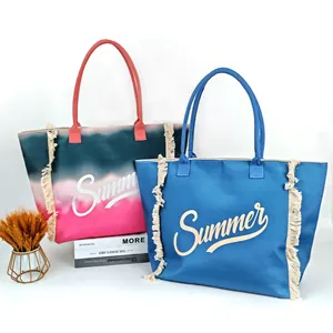 Women Large Capacity Canvas Tote Bag Gradient Summer Letter Print With Tassels Casual Beach Shoulder Bag Travel Handbag