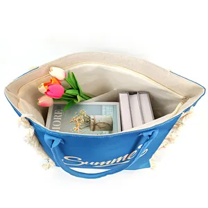 Blue canvas tote bag with golden Summer print, side tassels and large capacity design