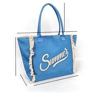 Detailed dimensions of blue canvas tote bag with Summer print and fringe tassels