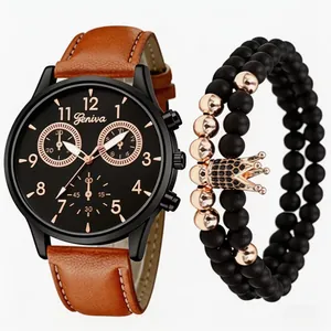 Montre à Quartz Pour Hommes Avec Bracelet Style Business Décontracté Bracelet en Similicuir Cadran Rond Montre-Bracelet Analogique Accessoire Bijou Cadeau Pour Hommes