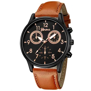 Montre à quartz pour hommes avec bracelet en cuir marron et cadran noir rose doré