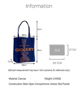 Detailed size specifications for canvas tote bag with A4 reference and dimensions