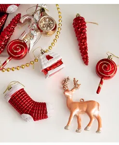 Festive Christmas ornaments set with plaid stockings, reindeer, and candy cane decorations