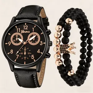 Coffret cadeau homme avec montre à quartz noire Geneva et bracelet à couronne