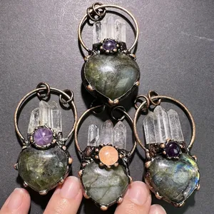 Antique copper heart labradorite pendants with crystal points in bohemian style