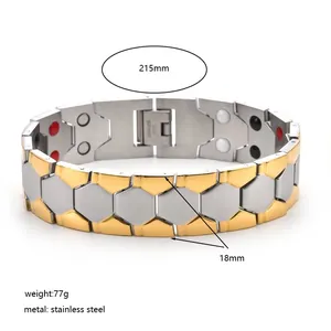 Polished stainless steel magnetic therapy bracelet with honeycomb links in gold and silver