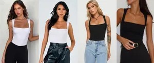 Detailed comparison of black and white square neck bodysuits with wide shoulder straps