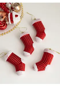 Set of four red plaid Christmas stocking ornaments with white glitter and gold strings