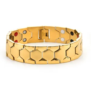 Golden stainless steel soccer honeycomb link magnetic health bracelet for men