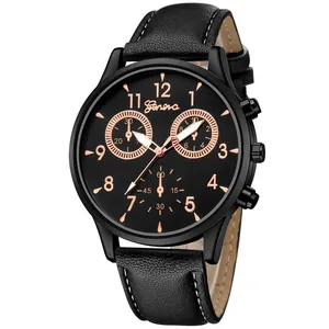 Montre business pour hommes avec bracelet en cuir noir et index en or rose sur cadran
