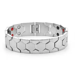 Polished stainless steel magnetic therapy bracelet with hexagonal honeycomb chain links