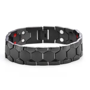 Men's black stainless steel magnetic therapy bracelet with hexagonal football links