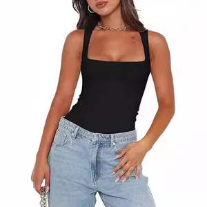 Detailed view of women's black square neck slim fit bodysuit with elastic fabric