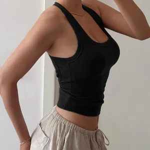 Close-up of black ribbed fabric texture and slim fit design on a women tank top