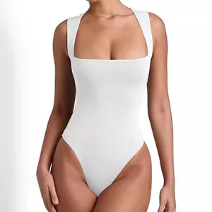 Detailed front view of white square neck sleeveless bodysuit with wide straps
