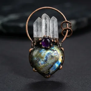 Detailed view of heart-shaped labradorite pendant with copper metalwork and white crystal