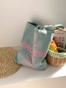 Detail of mint green grocery canvas tote with pink typography and vegetable list print