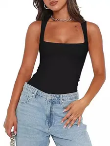 Slim fit black square neck tank top for women paired with blue jeans in a casual style