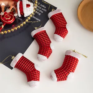 Set of 4 red plaid Christmas stocking ornaments with white sequins and gold hanging cords
